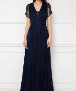 Formal Gowns Cristallini - Sheer Short Sleeves Pleated Evening Gown SKA991 - 1 Pc Navy In Size 3XL Available