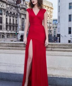 Cristallini - SKA965 V Neck High Slit Luxurious Silk Tulle Gown - 1 Pc Dark Red In Size L Available Formal Gowns