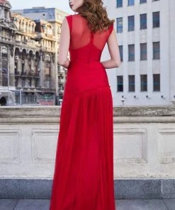 Cristallini - SKA965 V Neck High Slit Luxurious Silk Tulle Gown - 1 Pc Dark Red In Size L Available Formal Gowns