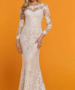Da Vinci - Sheer Long Sleeve Lace Bridal Dress 50516 - 1 Pc Ivory/Nude In Size 12 Available Formal Gowns
