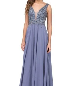 Dancing Queen - 2312 Floral Beaded Deep V-neck A-line Prom Dress Formal Gowns