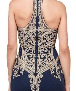 Formal Gowns Dancing Queen - 2457 Gold Applique Halter Trumpet Prom Dress