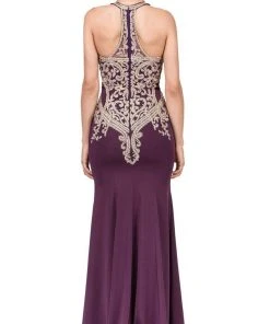 Formal Gowns Dancing Queen - 2457 Gold Applique Halter Trumpet Prom Dress