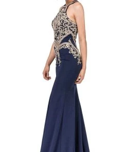 Formal Gowns Dancing Queen - 2457 Gold Applique Halter Trumpet Prom Dress
