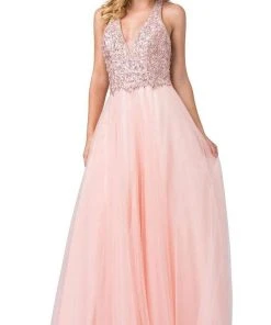 Dancing Queen - 2532 Beaded Sheer Deep Halter V-neck A-line Gown - 1 Pc Blush In Size S Available