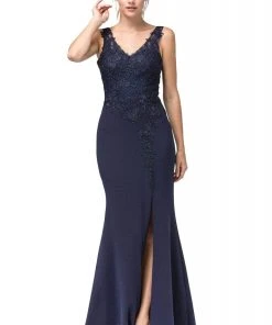 Dancing Queen - 2622 Embroidered V-Neck Dress With Slit