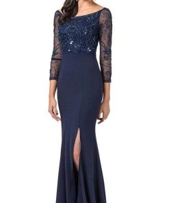 Dancing Queen - 2672 Bateau Neck Sheer Sleeves Embellished Bodice Fitted Long Dress - 1 Pc Navy In Size M Available