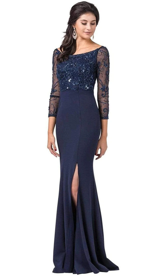 Dancing Queen - 2672 Bateau Neck Sheer Sleeves Embellished Bodice Fitted Long Dress - 1 Pc Navy In Size M Available 3 Dancing Queen - 2672 Bateau Neck Sheer Sleeves Embellished Bodice Fitted Long Dress - 1 Pc Navy In Size M Available