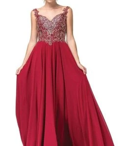 Dancing Queen - 2818 Beaded Lace Bodice Lace-Up Back Chiffon Gown
