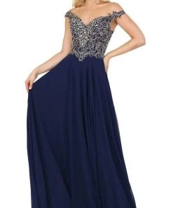 Dancing Queen - 2818 Beaded Lace Bodice Lace-Up Back Chiffon Gown