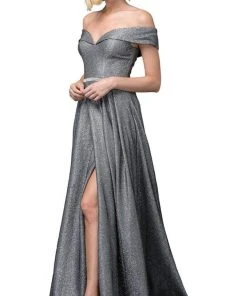 Dancing Queen - 2824 Iridescent Off Shoulder Gown With High Slit Formal Gowns