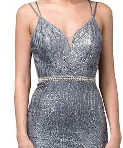 Dancing Queen - 2826 Glitter Plunging V Neck Gown With Slit