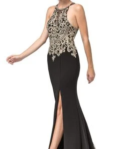 Dancing Queen - 2836 Appliqued Halter Gown With Slit