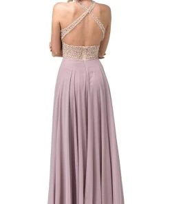 Dancing Queen - 2838 Beaded Keyhole Cutout Halter Long Dress