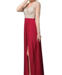 Dancing Queen - 2839 Long Sleeve Beaded Bodice A-Line Dress Formal Gowns