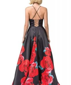 Dancing Queen - 2843 Floral V-Neck Pleated Ballgown Formal Gowns