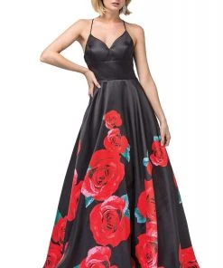 Dancing Queen - 2843 Floral V-Neck Pleated Ballgown Formal Gowns