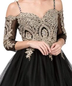 Dancing Queen - 3001 Cold Shoulder Gold Lace Applique Cocktail Dress