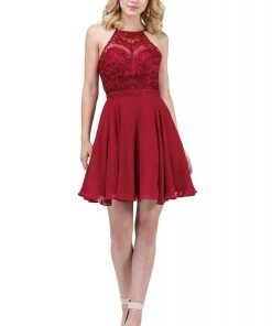 Dancing Queen - 3008 High Halter Embroidered Lace Homecoming Dress