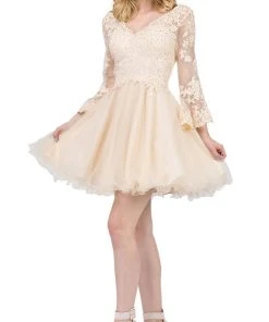 Dancing Queen - 3015 Beaded Lace Long Sleeve A-line Homecoming Dress