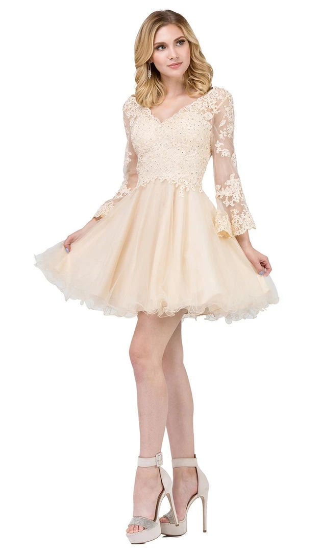 Dancing Queen - 3015 Beaded Lace Long Sleeve A-line Homecoming Dress 3 Dancing Queen - 3015 Beaded Lace Long Sleeve A-line Homecoming Dress
