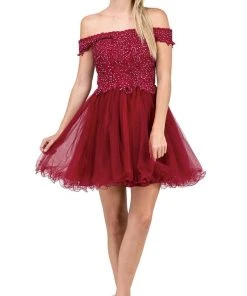 Dancing Queen - 3018 Embellished Off-Shoulder A-line Homecoming Dress