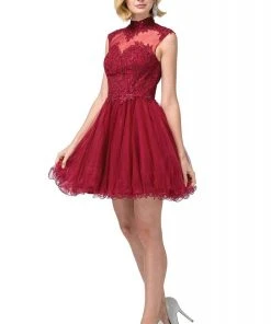Dancing Queen - 3027 Beaded Lace High Neck A-Line Dress Cocktail Dresses
