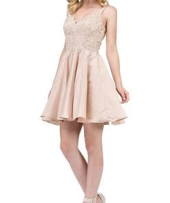 Dancing Queen - 3036 Sleeveless Beaded Lace V-neck Homecoming Dress Cocktail Dresses