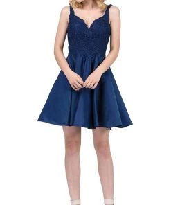 Dancing Queen - 3036 Sleeveless Beaded Lace V-neck Homecoming Dress Cocktail Dresses