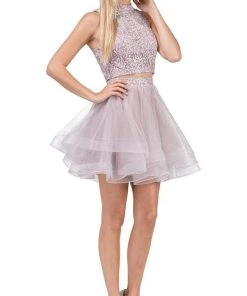 Dancing Queen - 3042 Two Piece Floral Embroidered Homecoming Dress Prom Dresses