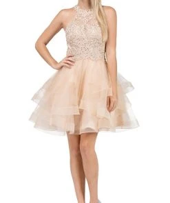 Prom Dresses Dancing Queen - 3078 Halter Lace Top And Tulle Skirt Cocktail Dress