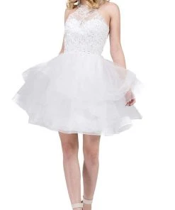 Prom Dresses Dancing Queen - 3078 Halter Lace Top And Tulle Skirt Cocktail Dress