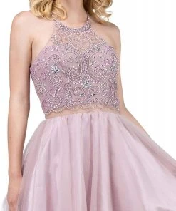 Dancing Queen - 3087 Embellished Halter A-Line Cocktail Dress