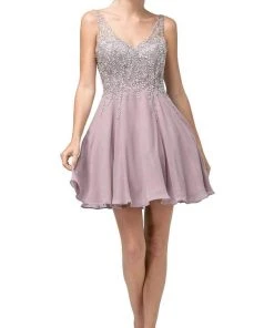 Dancing Queen - 3129 Embellished V-Neck A-Line Cocktail Dress Cocktail Dresses