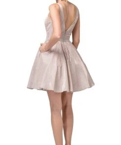 Dancing Queen - 3142 V-Neck Pleated A-Line Cocktail Dress Cocktail Dresses