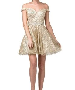 Dancing Queen - 3184 Embellished Plunging Off-Shoulder A-line Dress