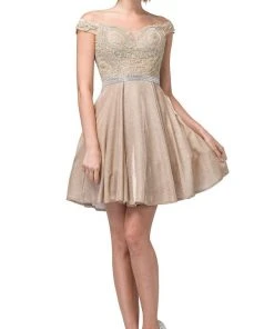 Dancing Queen - 3189 Embroidered Off-Shoulder A-line Dress