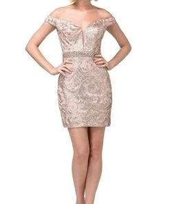 Cocktail Dresses Dancing Queen - 3218 Embellished Deep Off-Shoulder Sheath Dress