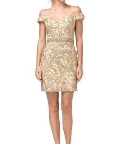 Cocktail Dresses Dancing Queen - 3218 Embellished Deep Off-Shoulder Sheath Dress