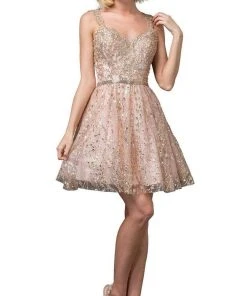 Dancing Queen - 3222 Embroidered V-neck A-line Cocktail Dress Cocktail Dresses