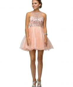 Dancing Queen - 9179 Flirty Jeweled Illusion Sweetheart Neck Polyester A-Line Dress