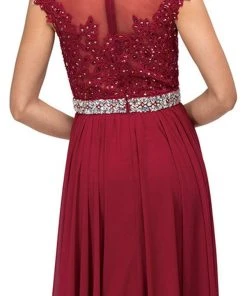 Formal Gowns Dancing Queen - 9400 Illusion Neckline Beaded Belt A-Line Dress