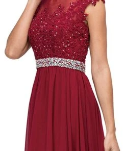 Formal Gowns Dancing Queen - 9400 Illusion Neckline Beaded Belt A-Line Dress