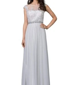 Formal Gowns Dancing Queen - 9400 Illusion Neckline Beaded Belt A-Line Dress