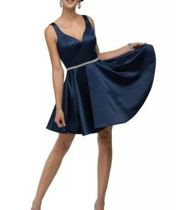 Dancing Queen - 9504 Jeweled Waistband Sweetheart Neck Satin A-line Cocktail Dress - 1 Pc Navy In Size L Available