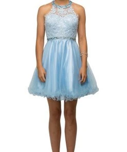 Dancing Queen - 9534 Bejeweled Collar Halter Lace A-Line Homecoming Dress Cocktail Dresses