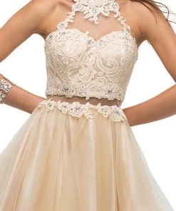 Cocktail Dresses Dancing Queen - 9631 Appliqued Illusion High Neck Two-Piece Cocktail Dress