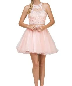 Cocktail Dresses Dancing Queen - 9631 Appliqued Illusion High Neck Two-Piece Cocktail Dress