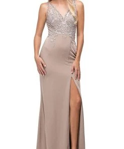 Formal Gowns Dancing Queen - 9704 Cutout Illusion Back Beaded Bodice Evening Dress - 1 Pc. Tan In Size Medium Available
