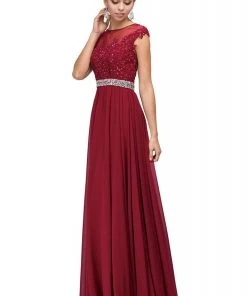Dancing Queen - Cap Sleeve Illusion Beaded Belt A-Line Dress 9400 - 1 Pc Taupe In Size S Available